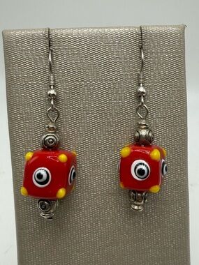 Handmade Glass Bead Dangle Earrings Red Cube Eye Lampwork